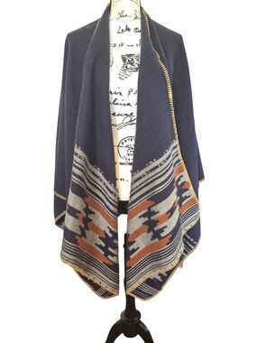 Navy/Grey/Brown Aztec-Trim Wrap Scarf